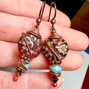 ✨ Vintage Handcrafted Artisan Boho Wire-Wrapped Glass Bead Dangle Earrings ✨